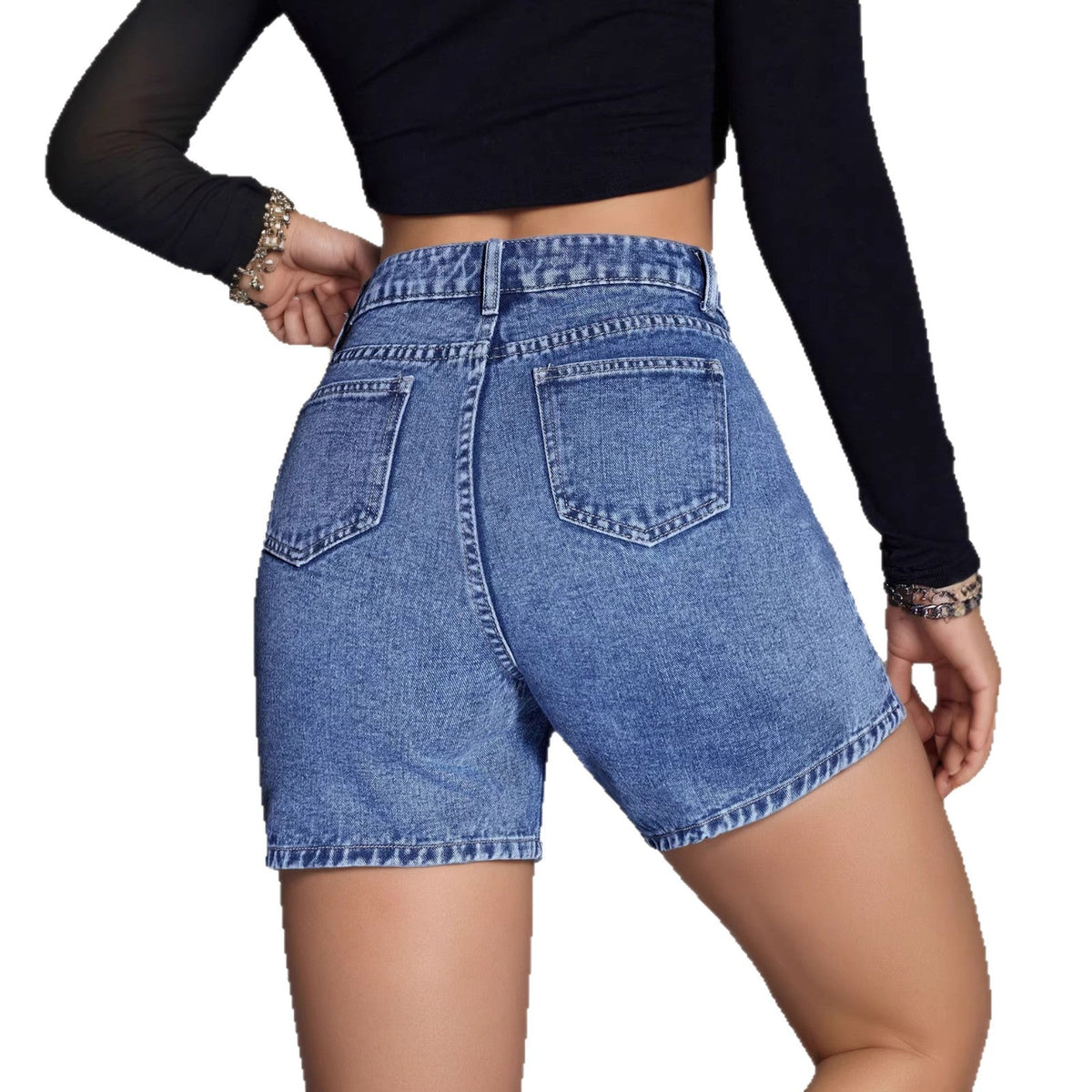 Distressed vintage non-stretch denim shorts in a classic blue wash, front view