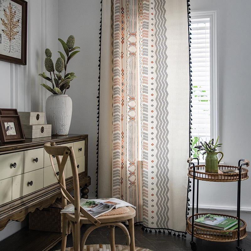 Boho cream cotton and linen print sun shade curtain fabric, non-punched close-up pattern