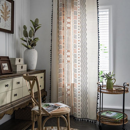 Boho cream cotton and linen print sun shade curtain fabric, non-punched close-up pattern