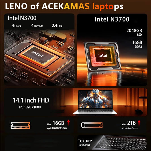 Lenovo Ultra Slim 14.1-inch laptop with Intel N3700, 16GB RAM, 1TB or 2TB storage, Windows 11, suitable for gaming and office use.