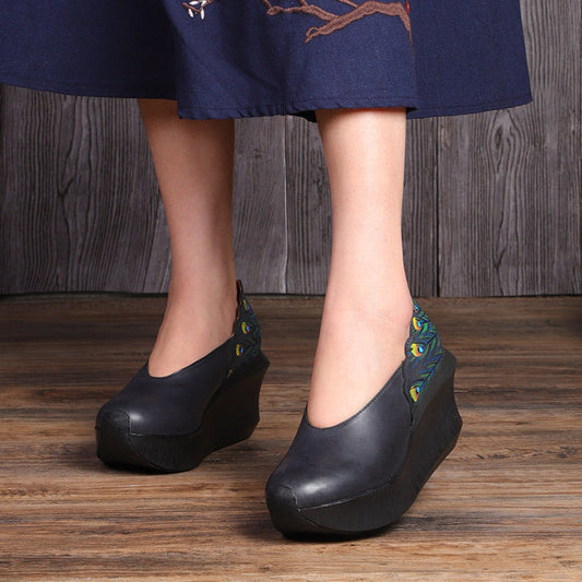 Hand-painted peacock feather platform wedge vintage leather shoes in detailed multicolor design
