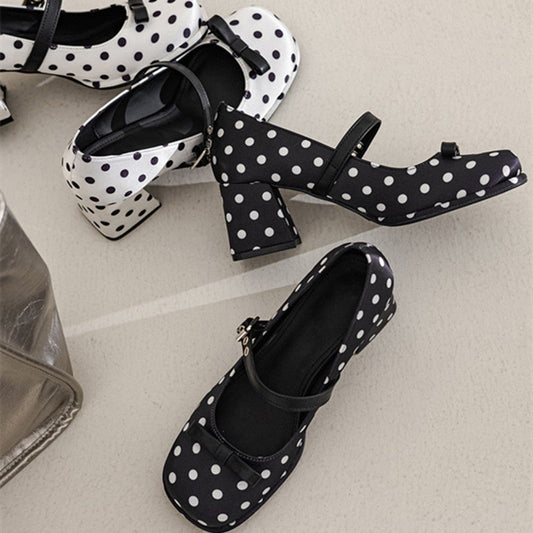Women's polka dot bow Mary Jane shoes with thick soles, chunky heels, and single-button fastening
