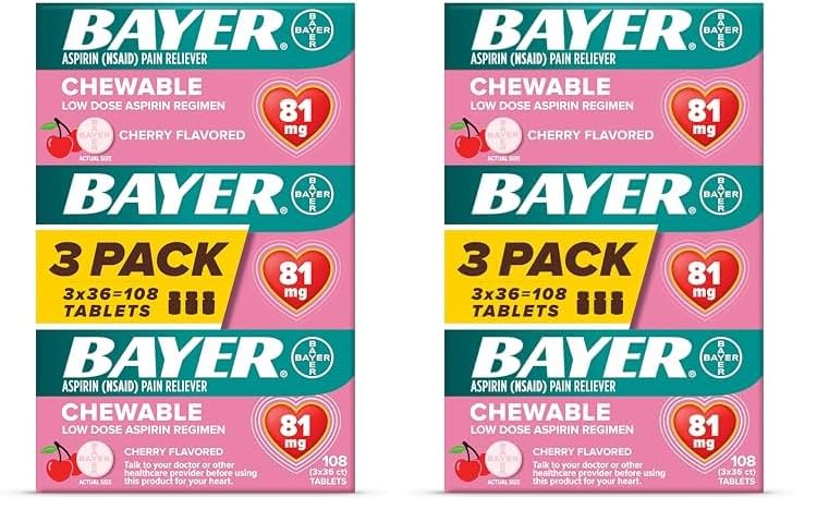 Bayer Low Dose Chewable Aspirin 81mg Cherry bottle, showing 216 chewable tablets in a clear container.