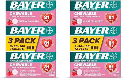 Bayer Low Dose Chewable Aspirin 81mg Cherry bottle, showing 216 chewable tablets in a clear container.