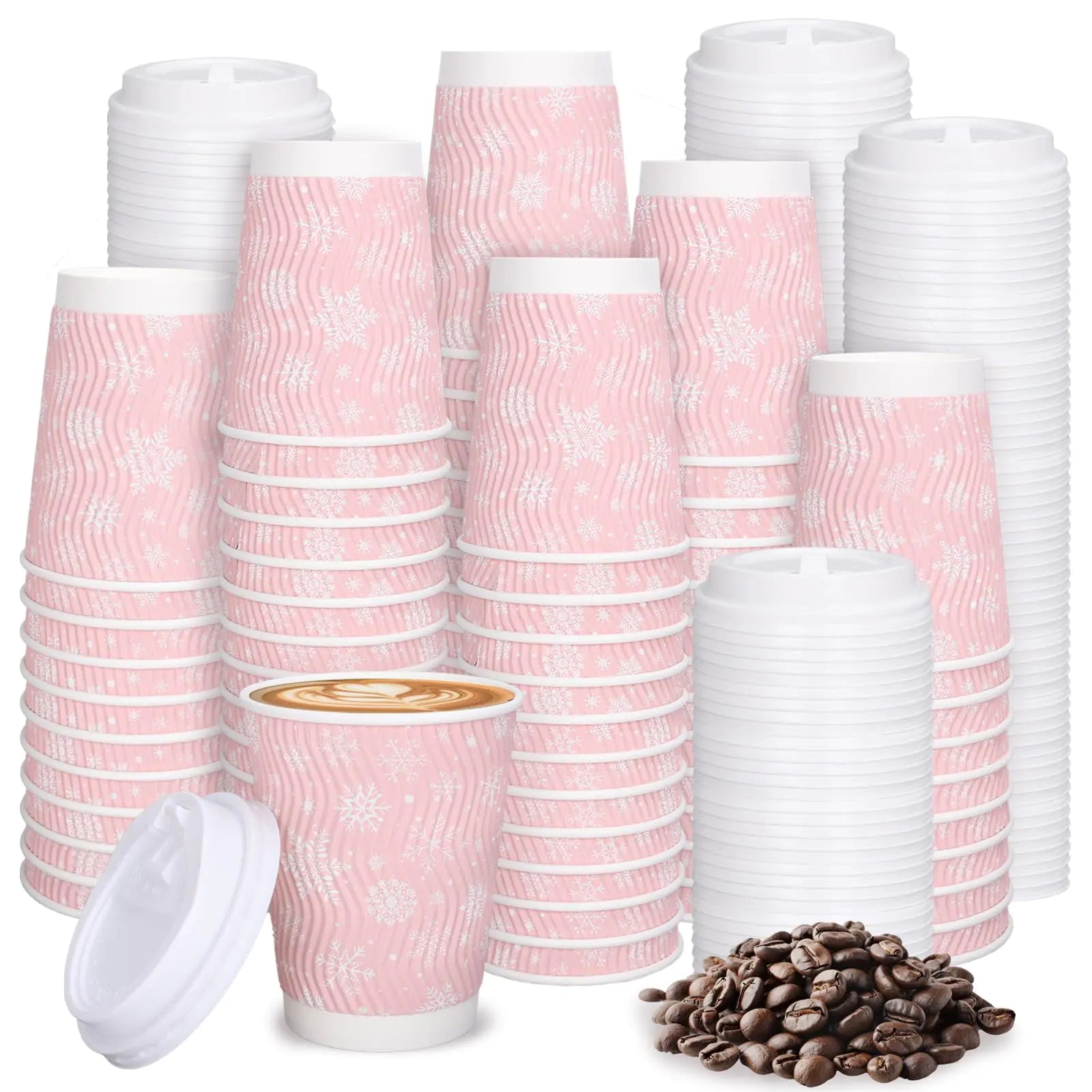 JarThenaAMCS 100 Sets 12 oz Winter Snowflake Coffee Cups with Lids Pink Winter Snowflake Insulated Corrugated Ripple Wall Paper Cups for Home Office Xmas Party Supplies