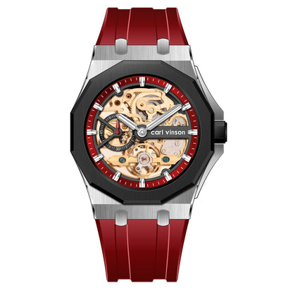 Fully automatic luminous mechanical alloy watch with decorative hollow dial and silicone strap