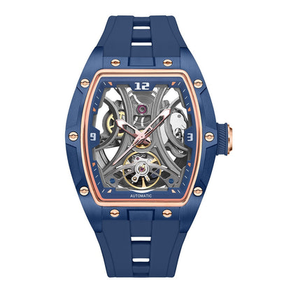 Barrel-shaped watch with steel case and full skeleton automatic movement, front view