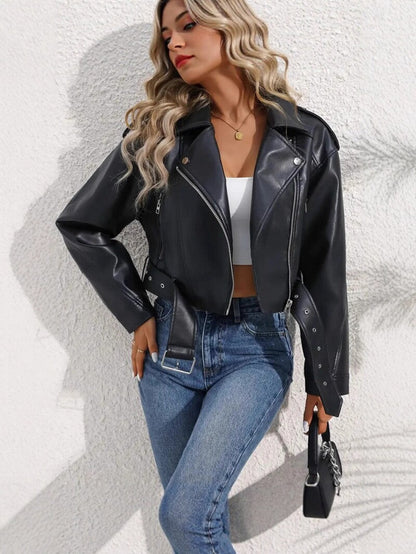 Vintage women's slim-fit PU leather biker jacket with lapel collar and short cropped design