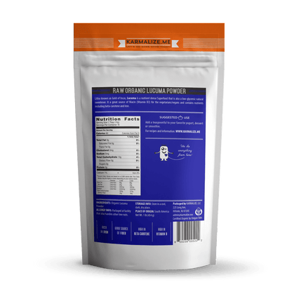 Organic Lacuma Powder from Karmalize.Me, a natural superfood, shown in a clear container with a spoon for organic health benefits.