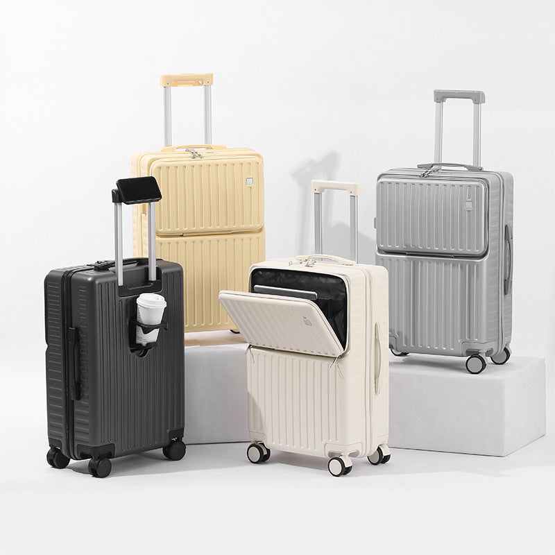 Front-fastening multifunctional women's luggage with multiple compartments, black exterior and rolling wheels