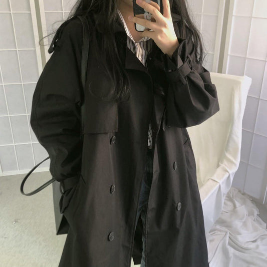 Women’s black mid-length double-breasted trench coat with waist detail by My Store