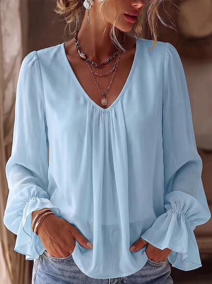 Women’s V-neck pleated loose long-sleeve shirt in a solid color, elegant casual style