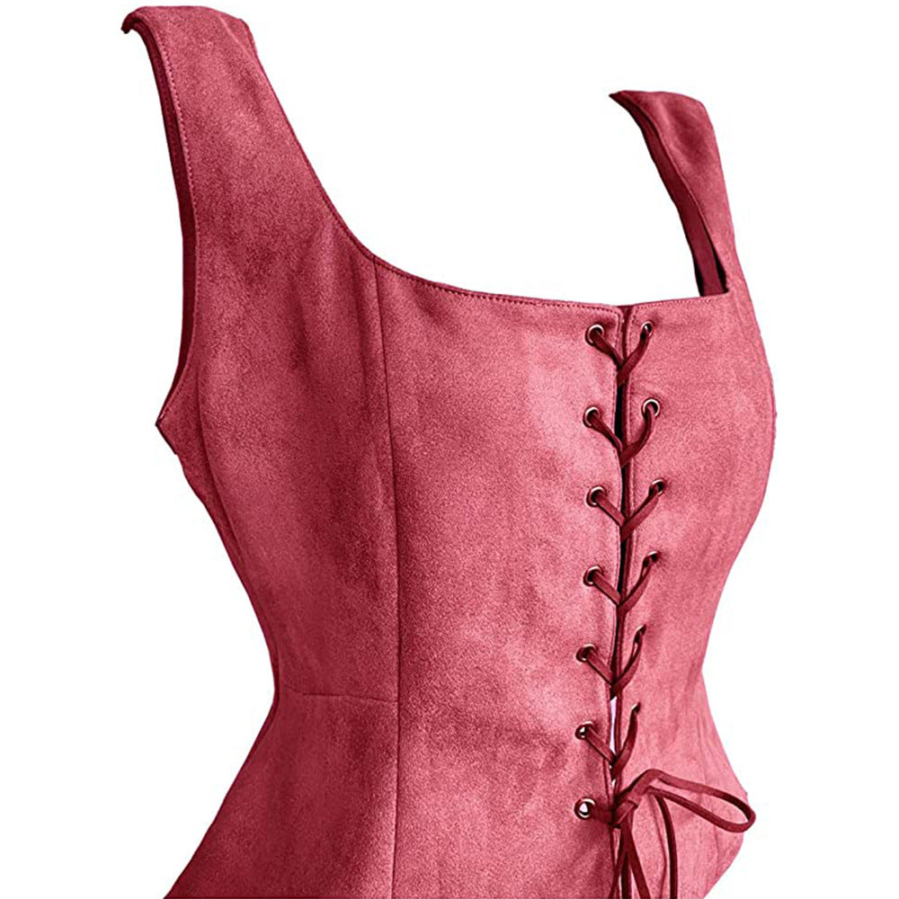 Suede vest Halloween costume displayed flat, featuring a classic sleeveless design and textured brown fabric