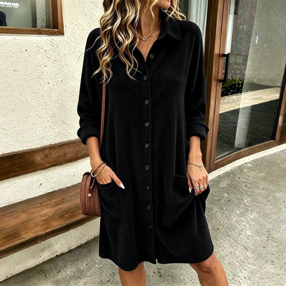 Women's autumn corduroy shirt dress with turn-down collar and single-breasted front, full view