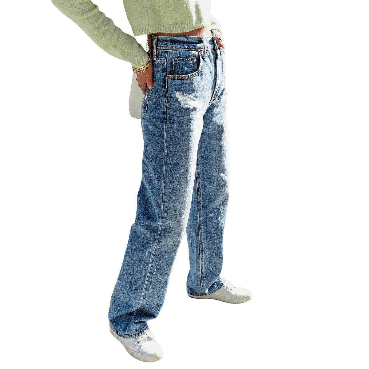 Women's loose-fit straight-leg ripped high-elastic jeans in blue denim