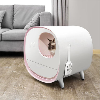 Extra large smart litter box with deodorizing and spatter-proof design, shown in white-gray finish
