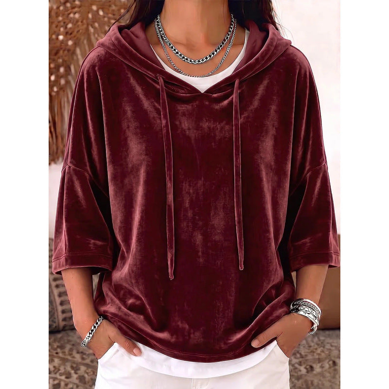 Solid-color three-quarter-sleeve velvet hoodie with drawstring detail by My Store