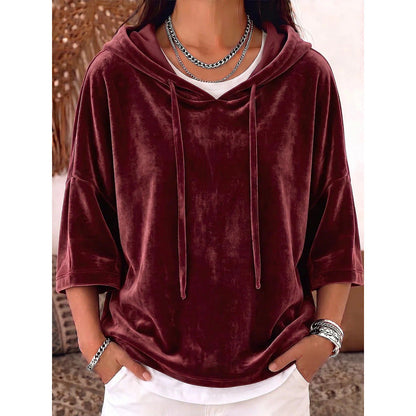 Solid-color three-quarter-sleeve velvet hoodie with drawstring detail by My Store