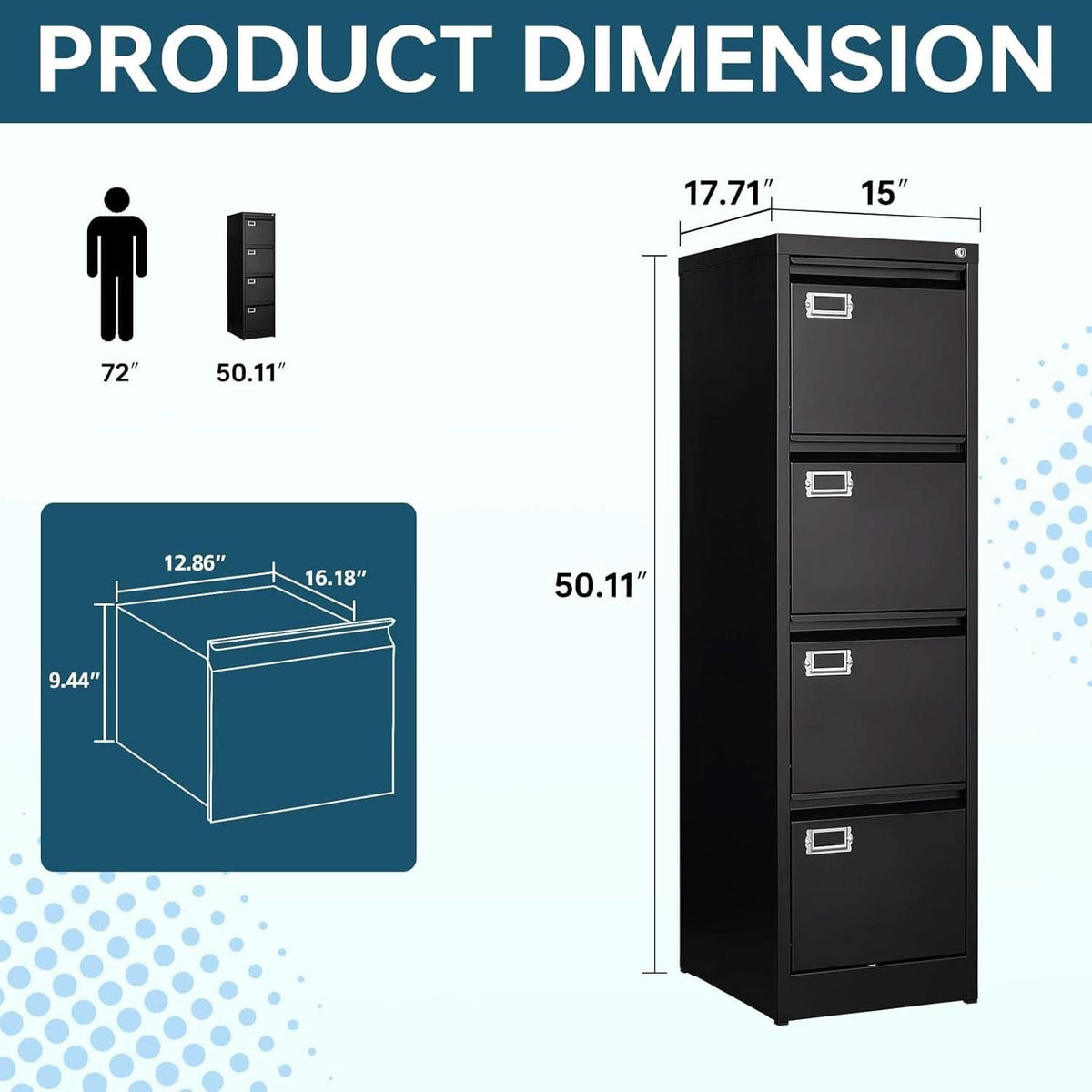 Three-drawer filing cabinet with lock, made of metal, ideal for home office organization, from ShipItFurniture.