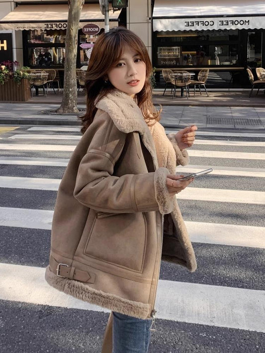 Women's Fur Integrated Berber Fleece Coat in soft beige plush fabric with a cozy hood and front closure