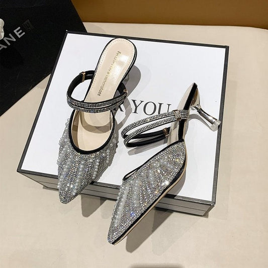 Women's pearl rhinestone pointed toe high heel slippers with thin heel and single strap sandals