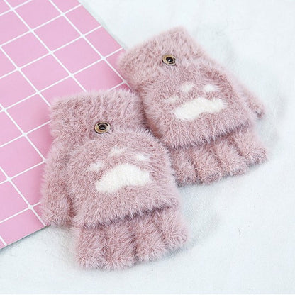 Half-finger knitted warm cat-claw gloves, black textured design with claw-tip details