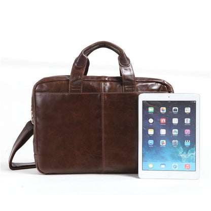 Men's first layer cowhide business briefcase computer bag in brown leather with handles and shoulder strap