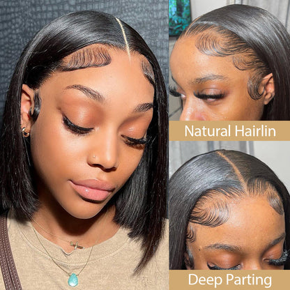 Straight short bob wig with 13x4 transparent lace frontal, human hair texture and natural-looking finish
