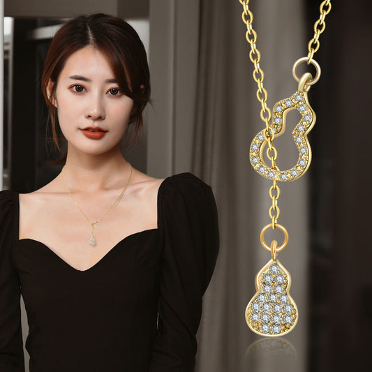 Dainty lucky gourd zircon Y-shape tassel adjustable necklace for women, oriental collarbone chain jewelry