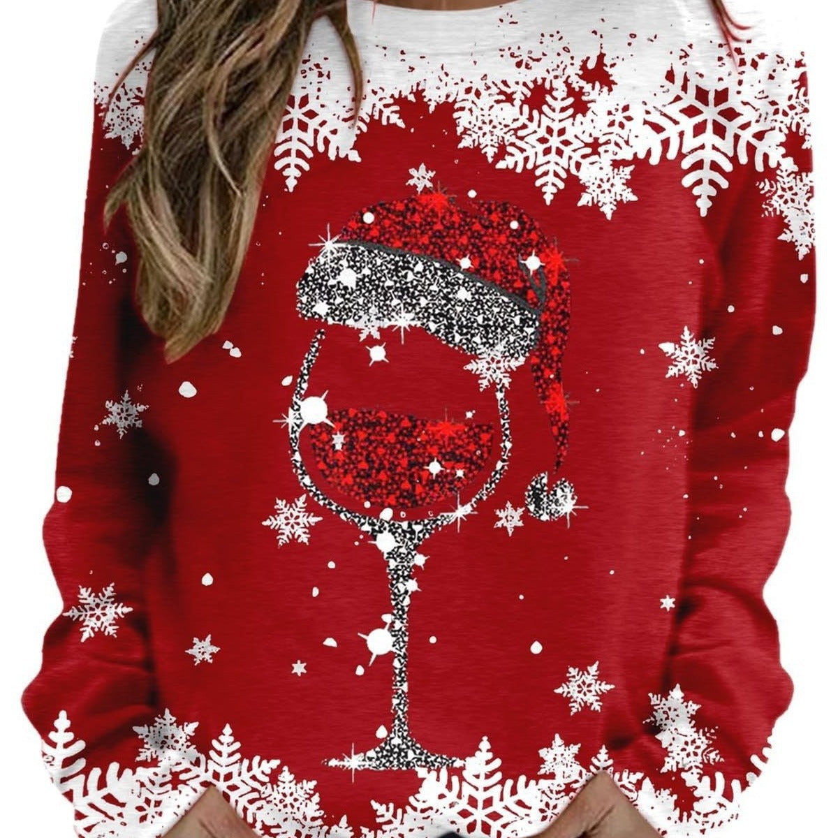Women's Christmas round neck sweater with colorful 3D digital print design