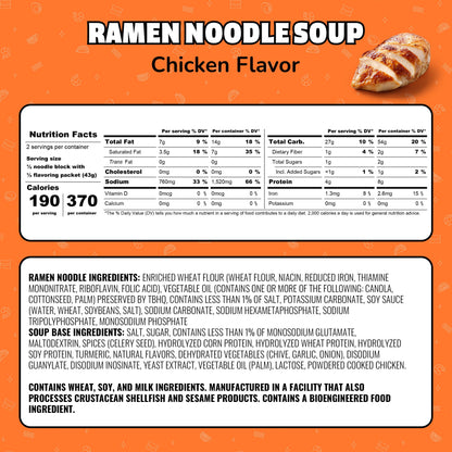 Maruchan Ramen Noodle Soup chicken flavor instant noodles pack of 12, 3 oz each, with bowls of prepared ramen and noodles.