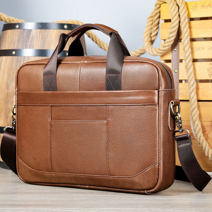 Men's leather computer bag with shoulder strap, designed for carrying official documents and laptops