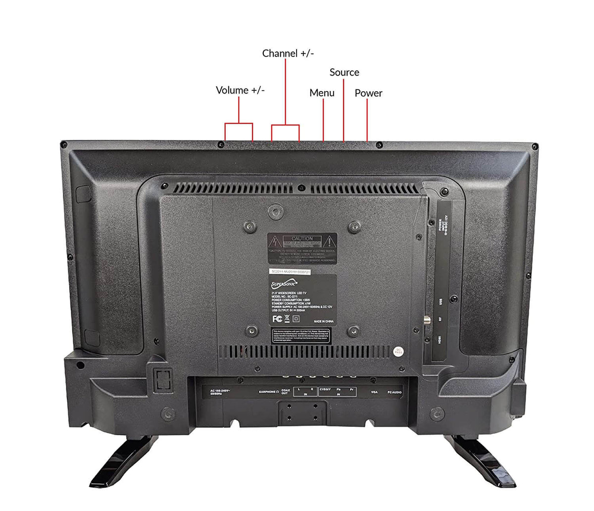 Supersonic 24-inch 12V LED HDTV with widescreen display, USB, SD card reader, and HDMI ports.