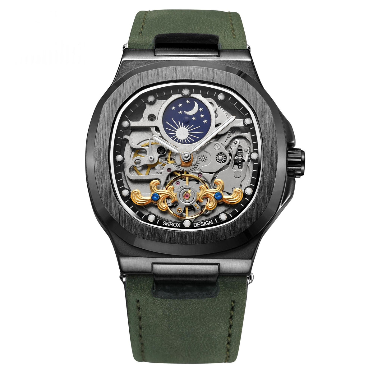 Full-automatic mechanical tourbillon hollow men's watch with visible intricate movement and water-resistant design