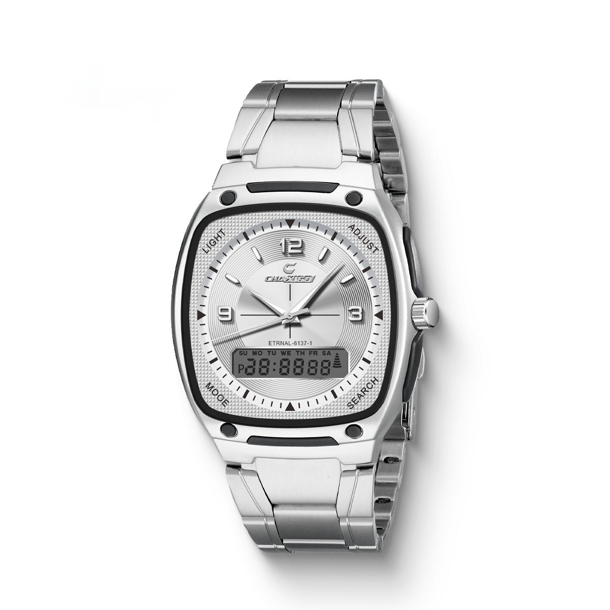 Men's alloy quartz watch with steel bracelet, silver-tone case and black dial