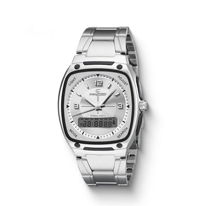 Men's alloy quartz watch with steel bracelet, silver-tone case and black dial