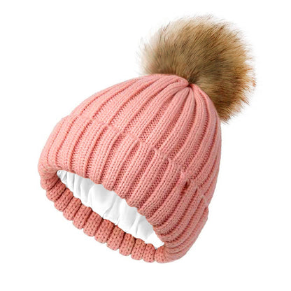 Women's solid-color brimmed hat with satin pom-pom detail-offsetof