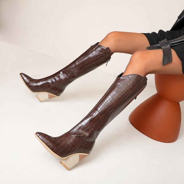 Snake print high heels rider boots from BACKUPMYFILESNOW.COM® with pointed toes and chunky heels, showcasing a bold, stylish design.