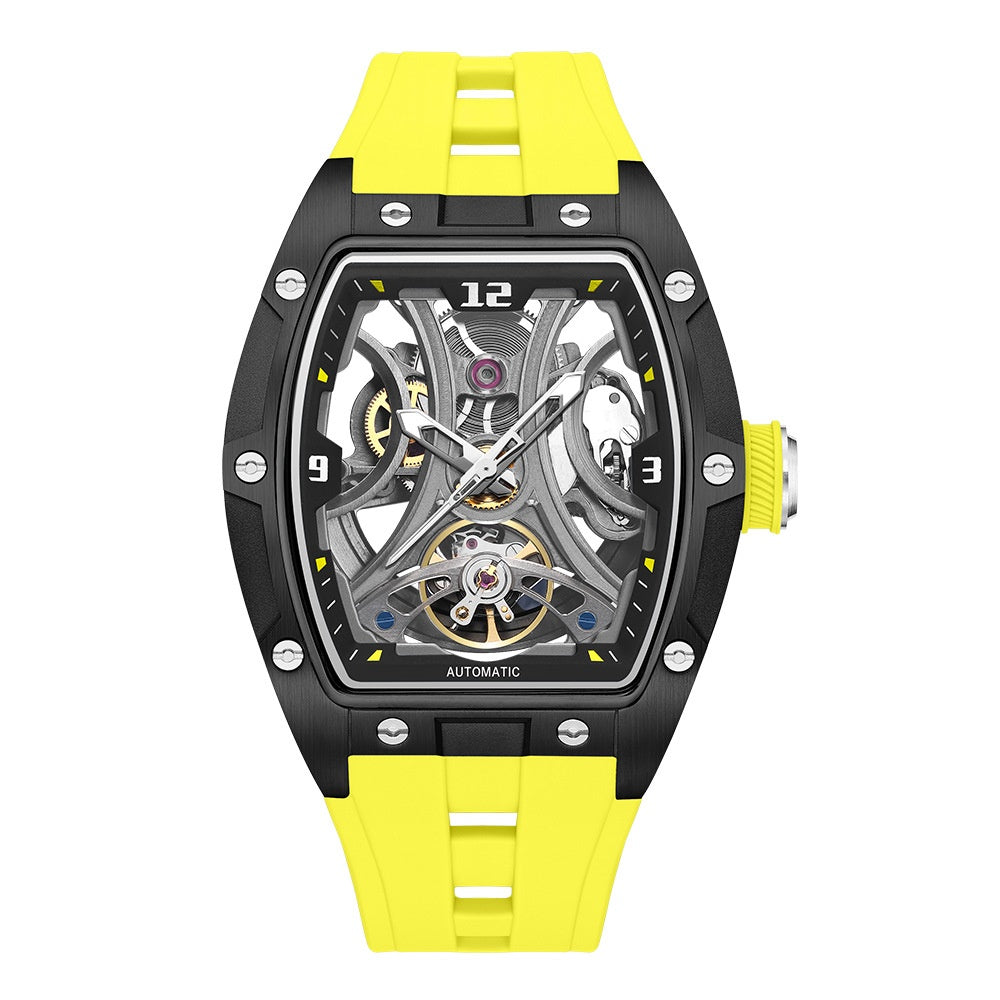 Barrel-shaped skeleton automatic watch with stainless steel case and visible mechanical movement