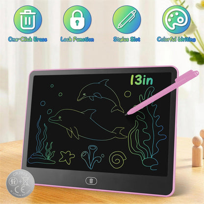 GBruno Store LCD writing tablet for kids with stylus and lock function, showing a child drawing on the portable digital writing device.