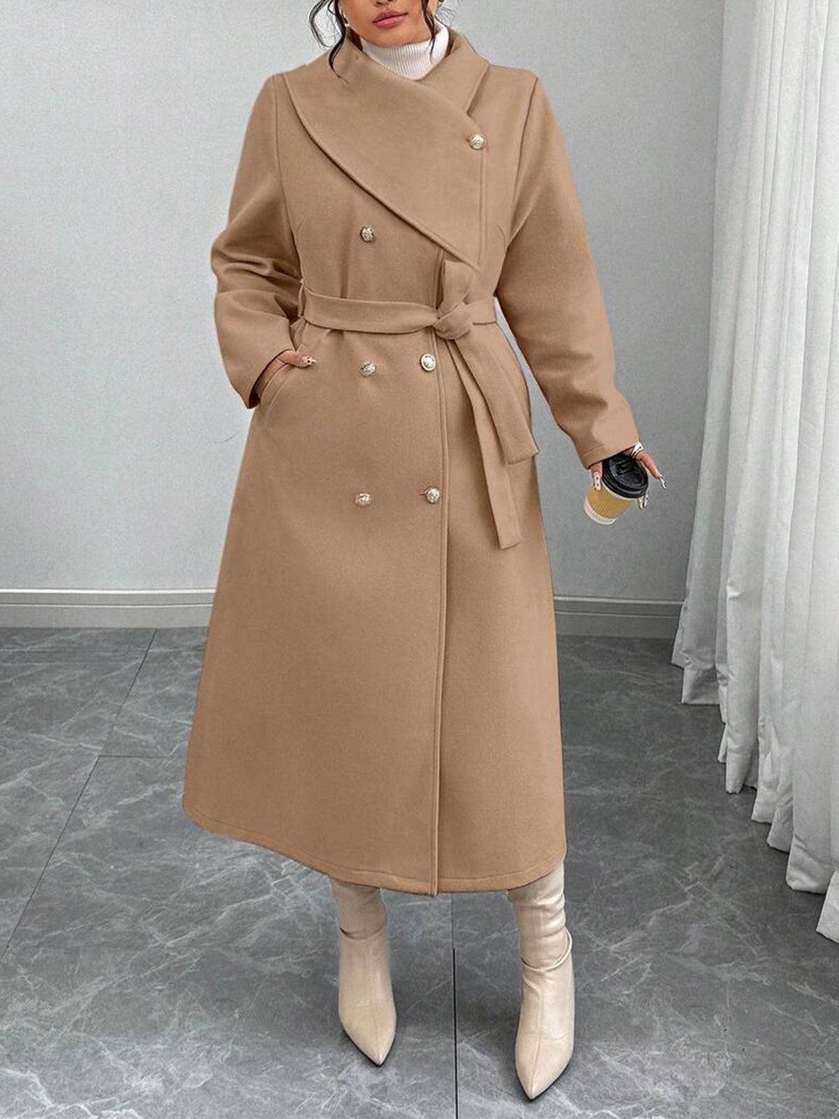 Women's double-breasted wool coat with asymmetrical collar, winter outerwear in a classic tailored design