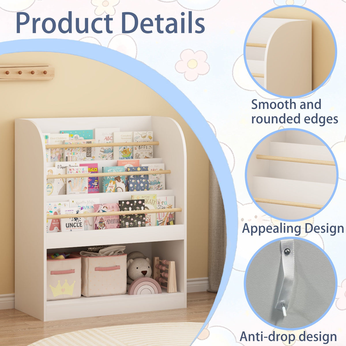 Kids bookshelf by GBruno Store featuring 3-tier front-facing book display and toy storage for children's room organization.