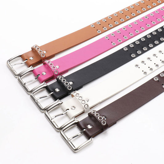 Casual hollow women's denim belt with metal buckle in blue denim