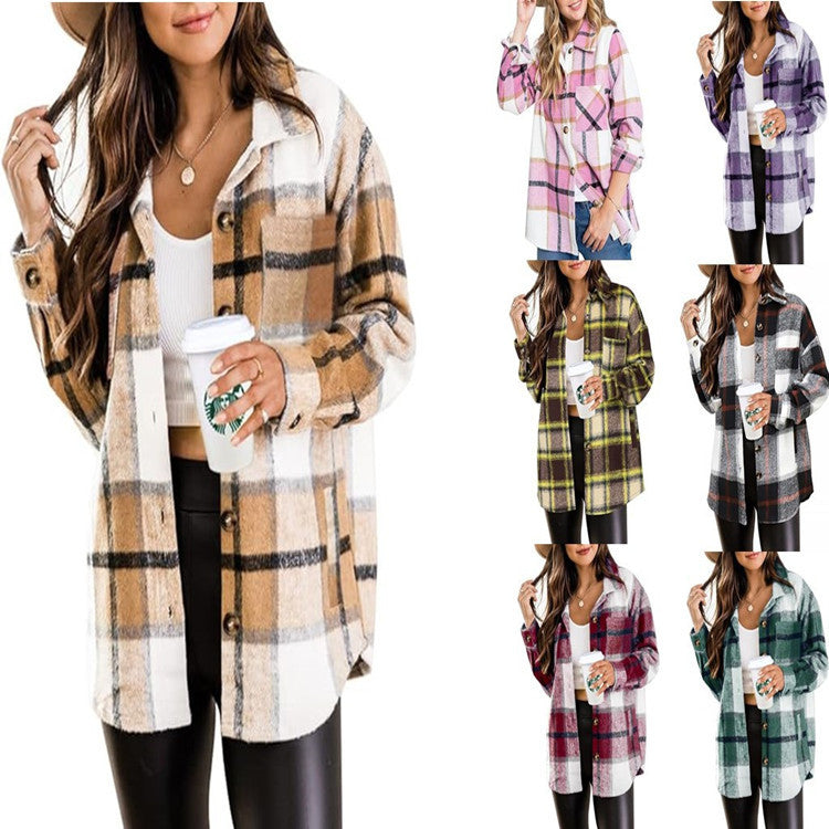 Women's woolen plaid pocket shirt casual jacket with button front and long sleeves