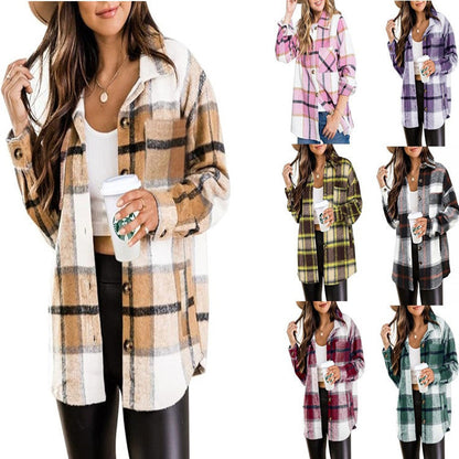 Women's woolen plaid pocket shirt casual jacket with button front and long sleeves