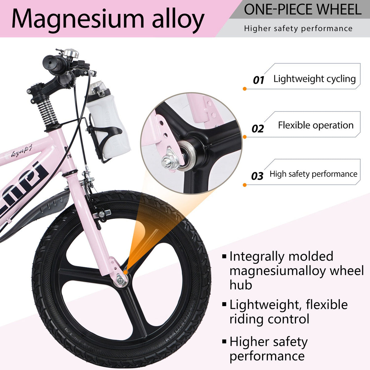 Kids bike with training wheels and adjustable seat, 16-18 inches, featuring colorful frame and safety handlebars.