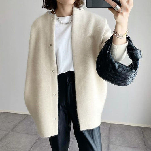Women's loose solid color round neck single-breasted cardigan coat jacket for autumn and winter