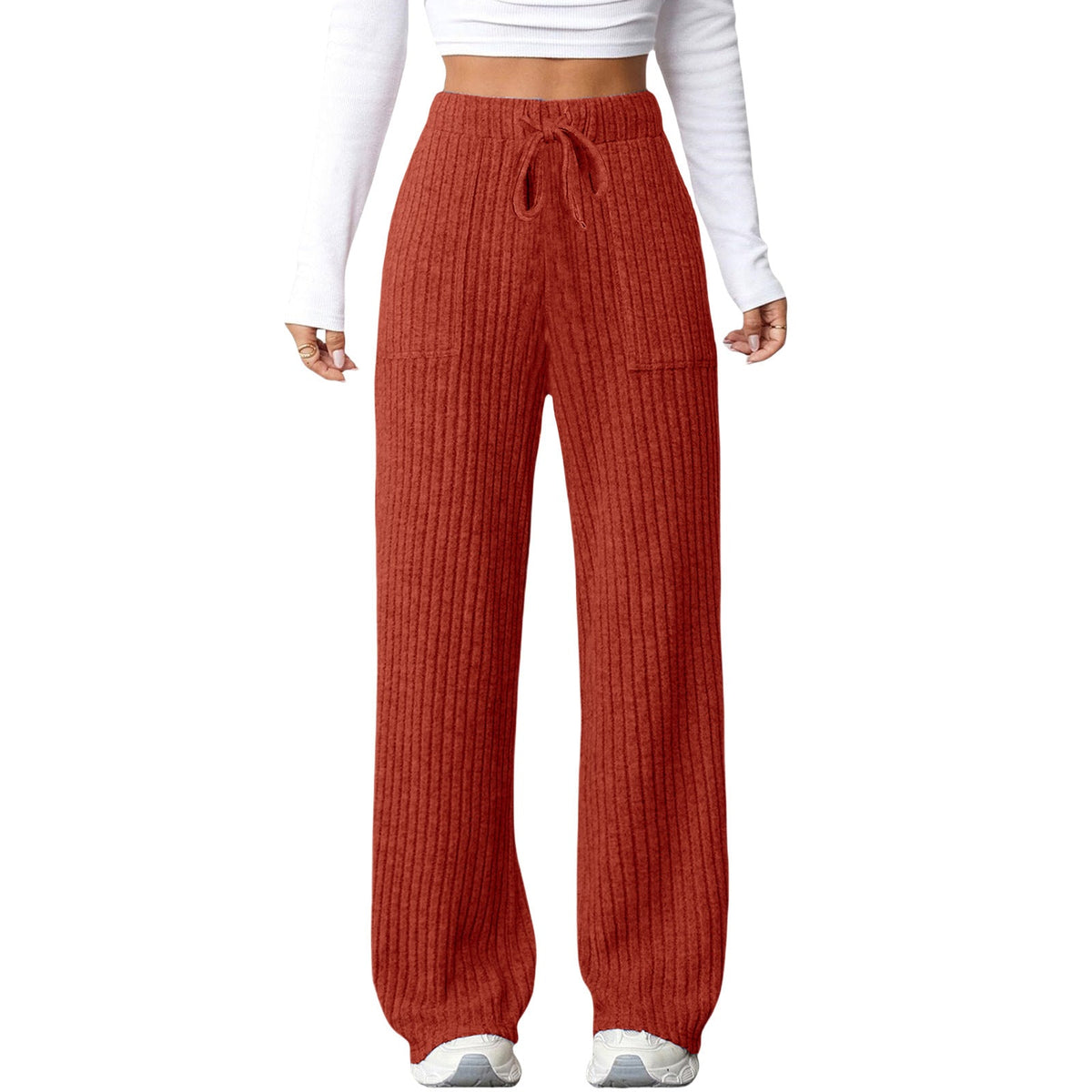 Women's solid-color ribbed casual pants with side pockets, relaxed fit