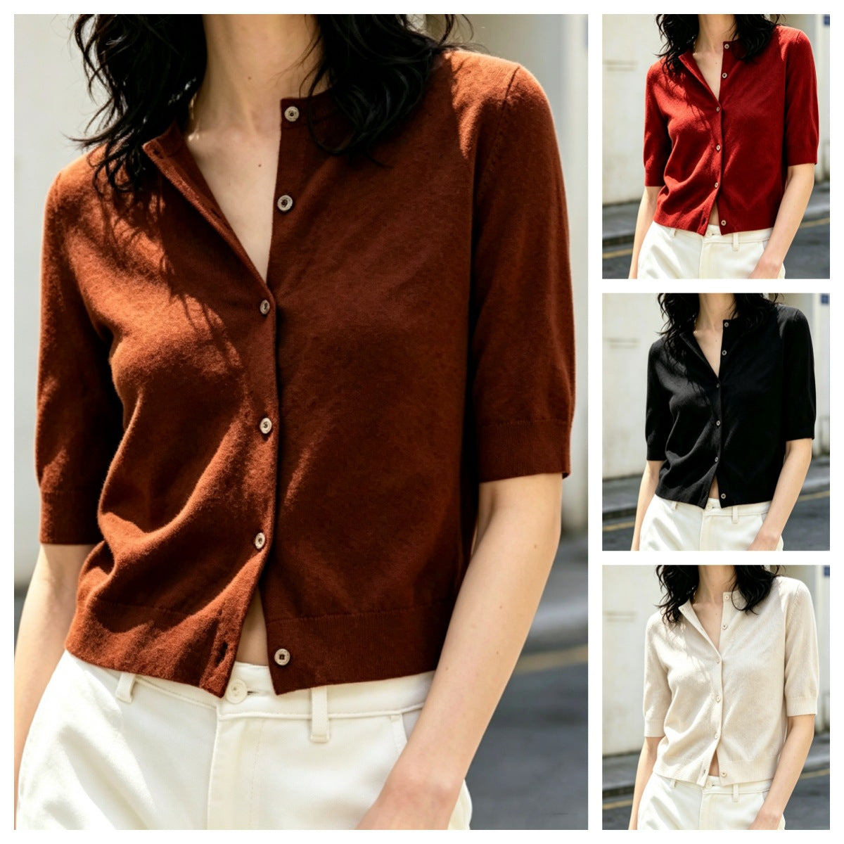 Women's wool knit long sleeve solid color cardigan blouse with single-button front for commuting