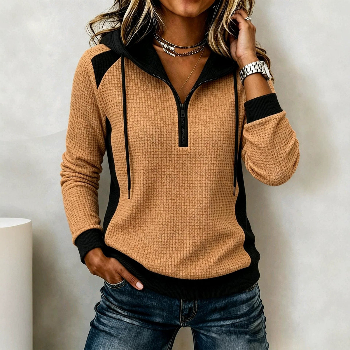 Women's waffle-knit half-zip hooded sweatshirt by My Store in textured knit fabric.